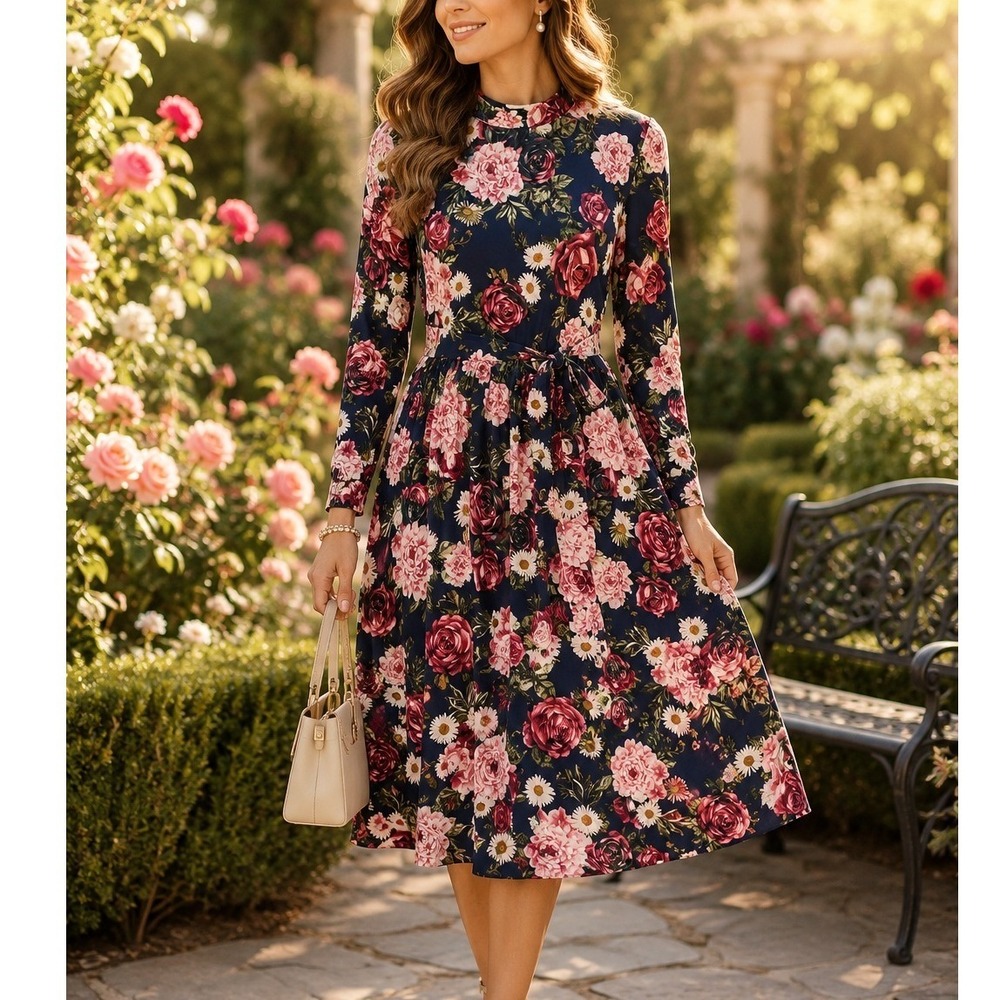 Reborn J Navy Blue Red Floral Rose Mock Neck Long Sleeve Dress Small Cottagecore